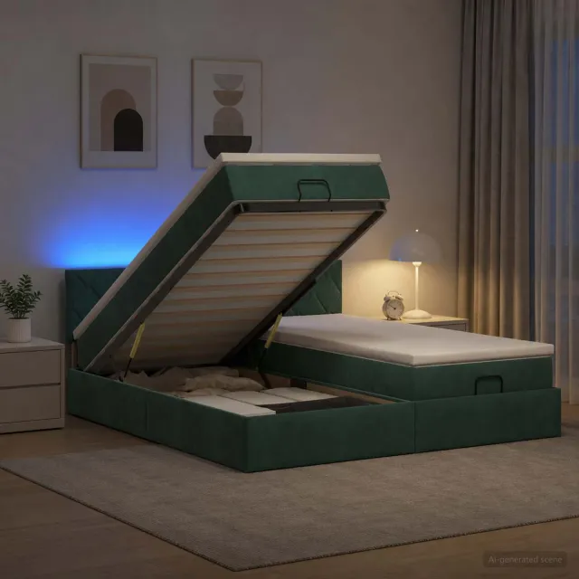 vidaXL Ottoman Bed met Matrassen en LED Donkergroen 180 x 200 cm