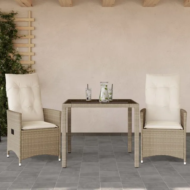 vidaXL 3-delige Bistroset met kussens poly rattan beige, foto 2