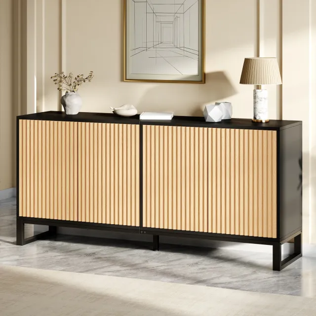 Clruro Dressoir - 160×40×75 cm - 4 Ribbeldeuren - Opbergplanken - MDF/Spaanplaat - Naturel/Zwart Zwart, naturel