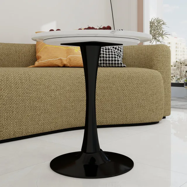 SONNENH Ronde compacte eettafel met kunstmarmeren blad en centrale voet - 70 x 72 cm - Zwart en wit