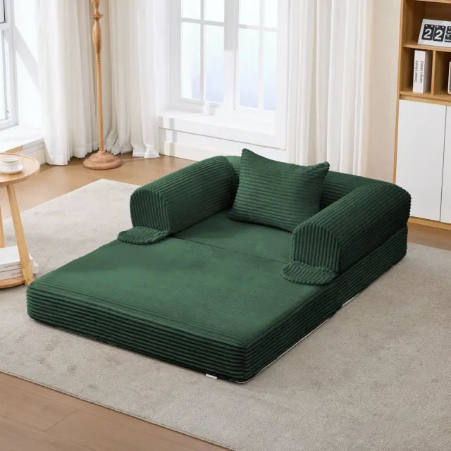 Wishdor Slaapfauteuil 1-zits - Handmatig uitklapbaar tot eenpersoonsbed - Inclusief kussen en armleuningen - Ruimtebesparend design - Corduroy stof - Groen - 120 x 85 x 65 cm
