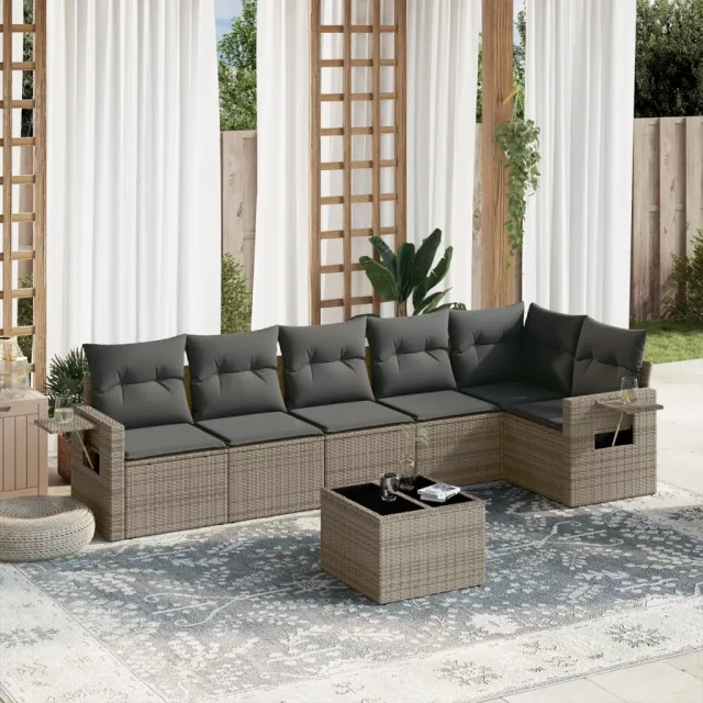 vidaXL 7-delige Loungeset met kussens poly rattan grijs, foto 2