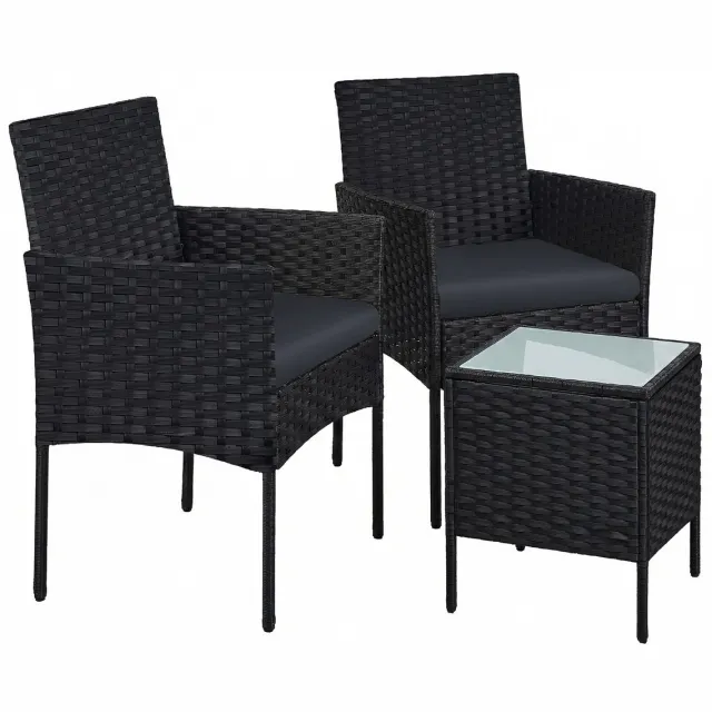 Songmics Tuinset - PE-Polyrattan Loungeset - Tafel en 2 Stoelen - Voor Buiten Terras Tuin Zwart-grijs