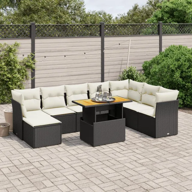 vidaXL 9-delige Loungeset met kussens poly rattan zwart, foto 2
