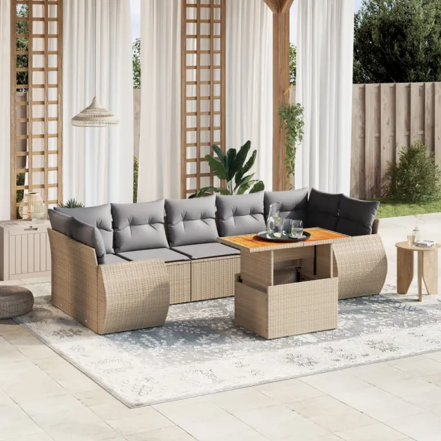 vidaXL 8-delige Loungeset met kussens poly rattan beige, foto 2