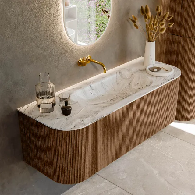 Mondiaz KURVE-DLUX 130 cm Onderkast Greeploos 1 Lade Met Deuren Walnut, Wastafel Solid Surface Midden Glace 0 Kraangaten Zonder Spiegel (KRVBGS130L+R1L2D0KM-Wal/Gla)