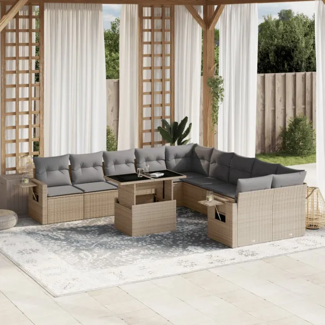 vidaXL 11-delige Tuinset met kussens poly rattan beige, foto 2