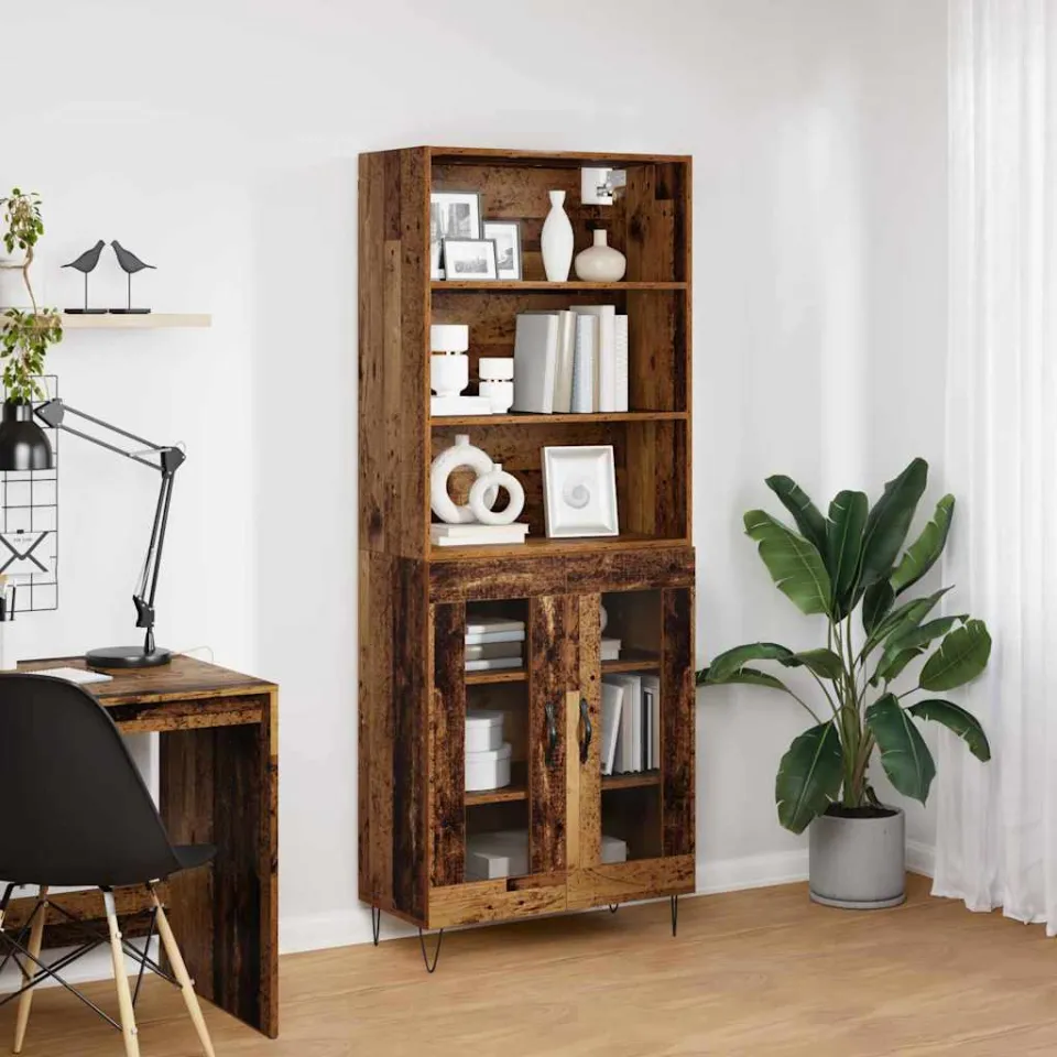 vidaXL Hoge kast 2 st Oudhout 69,5 x 34 x 180 cm Bewerkt hout en glas bruin, foto 3