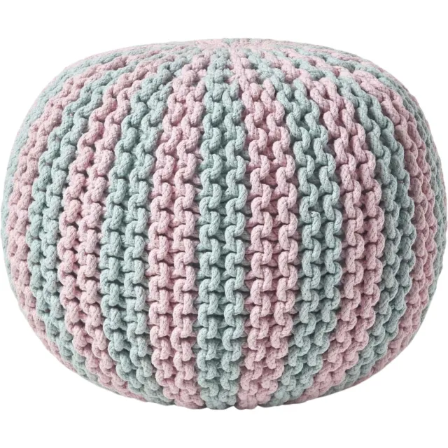 Homescapes Gebreide ronde poef - Streepdesign - Katoen - Licht blauw-roze - 35 x 40 cm Pastelblauw