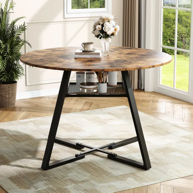 Solvenrik Ronde Eettafel 120 cm – Dining Tafel voor 6 Personen met Houten Onderstel voor Keuken & Eetkamer Bruin