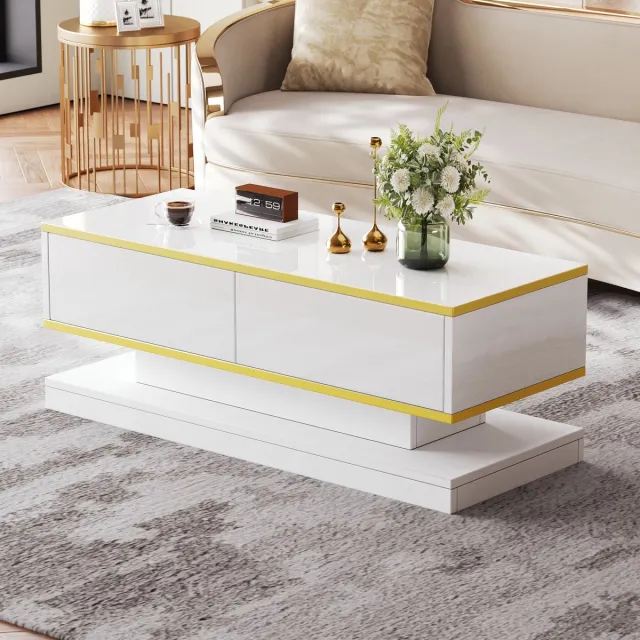 MODENUIT Salontafel - Hoogglans Met 2 Lades - Woonkamer - Spaanplaat Warmwit Met Gouden Rand - 100x50x38 cm