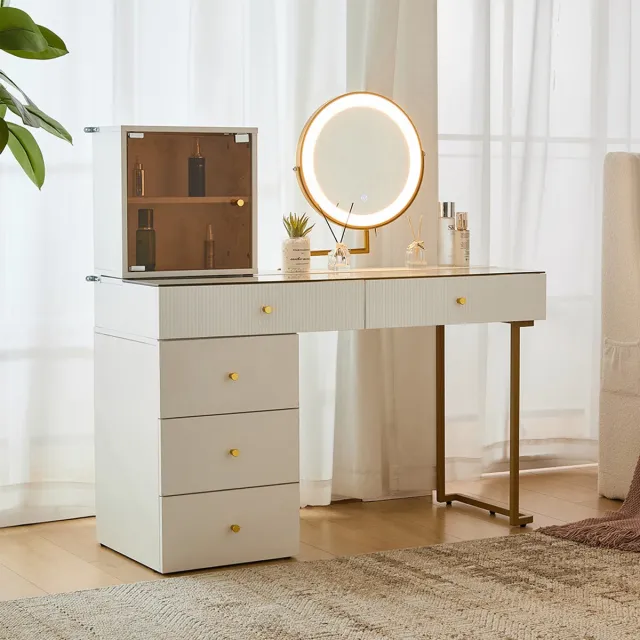 Pugsdrly Kaptafel met LED-verlichte spiegel, transparant blad van gehard glas, kaptafel en kast, elegante meubels, wit, afmetingen: 120 x 45 x 115 cm (zonder kruk) Goudkleurig, wit
