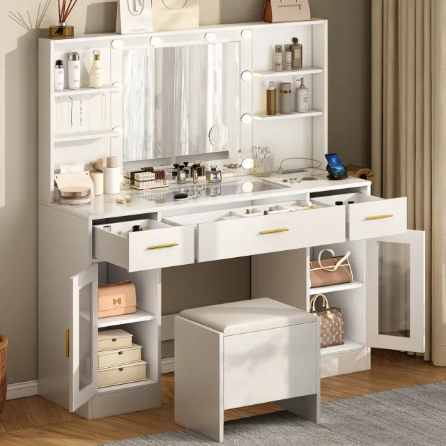 Mihtrov Kaptafel - Make Up Tafel - Inclusief Krukje - Met Spiegel en 10 LED Lampen - Met Stopcontacten & USB-poorten - 3 Lichtkleuren - 3 Lades en 2 Kasten met 4 Planken - Transparant Glazen Tafelblad - Eenvoudige Montage - 140H x 115B x 40D cm - Wit
