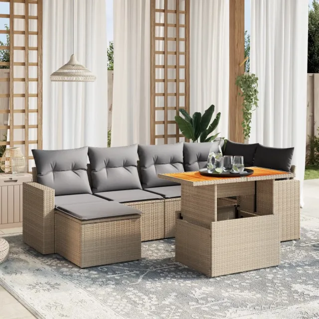 vidaXL 7-delige Loungeset met kussens poly rattan beige, foto 2