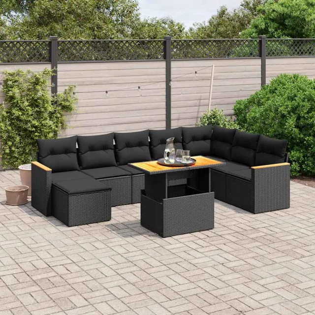 vidaXL 9-delige Loungeset met kussens poly rattan zwart, foto 2