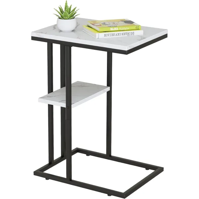 Unyqoos Stijlvolle C-vormige bijzettafel met wit marmer en houtachtig design