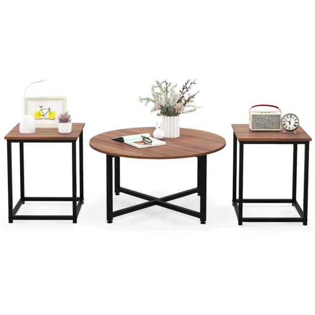 Costway Set van 3 salontafels, bijzettafel, metalen frame, 1 ronde koffietafel en 2 vierkante tafels, salontafel, woonkamertafel, salontafel, modern, voor woonkamer, slaapkamer (bruin)
