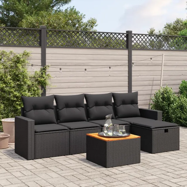 vidaXL 6-delige Loungeset met kussens poly rattan zwart, foto 2