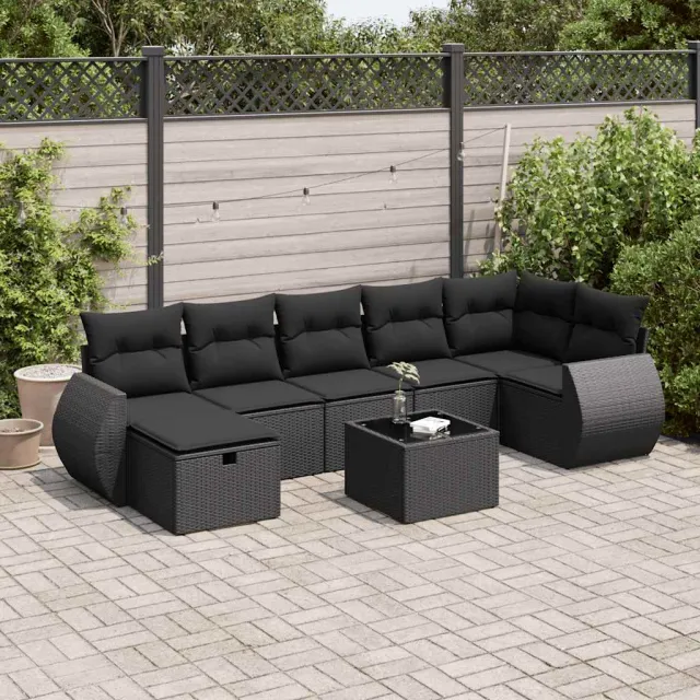 vidaXL 8-delige Loungeset met kussens poly rattan zwart, foto 2