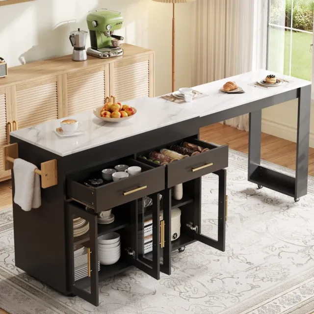 KOMHTOM Uitschuifbaar keukeneiland - Mobiel met wieltjes - Uitschuifbaar werkblad - Opbergruimte - Modern design - Afmetingen 132,5–217 x 50 x 93 cm - Voor keuken en eetkamer - Zwart
