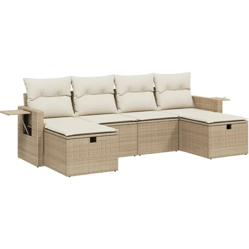 vidaXL 6-delige Loungeset met kussens poly rattan beige, foto 3