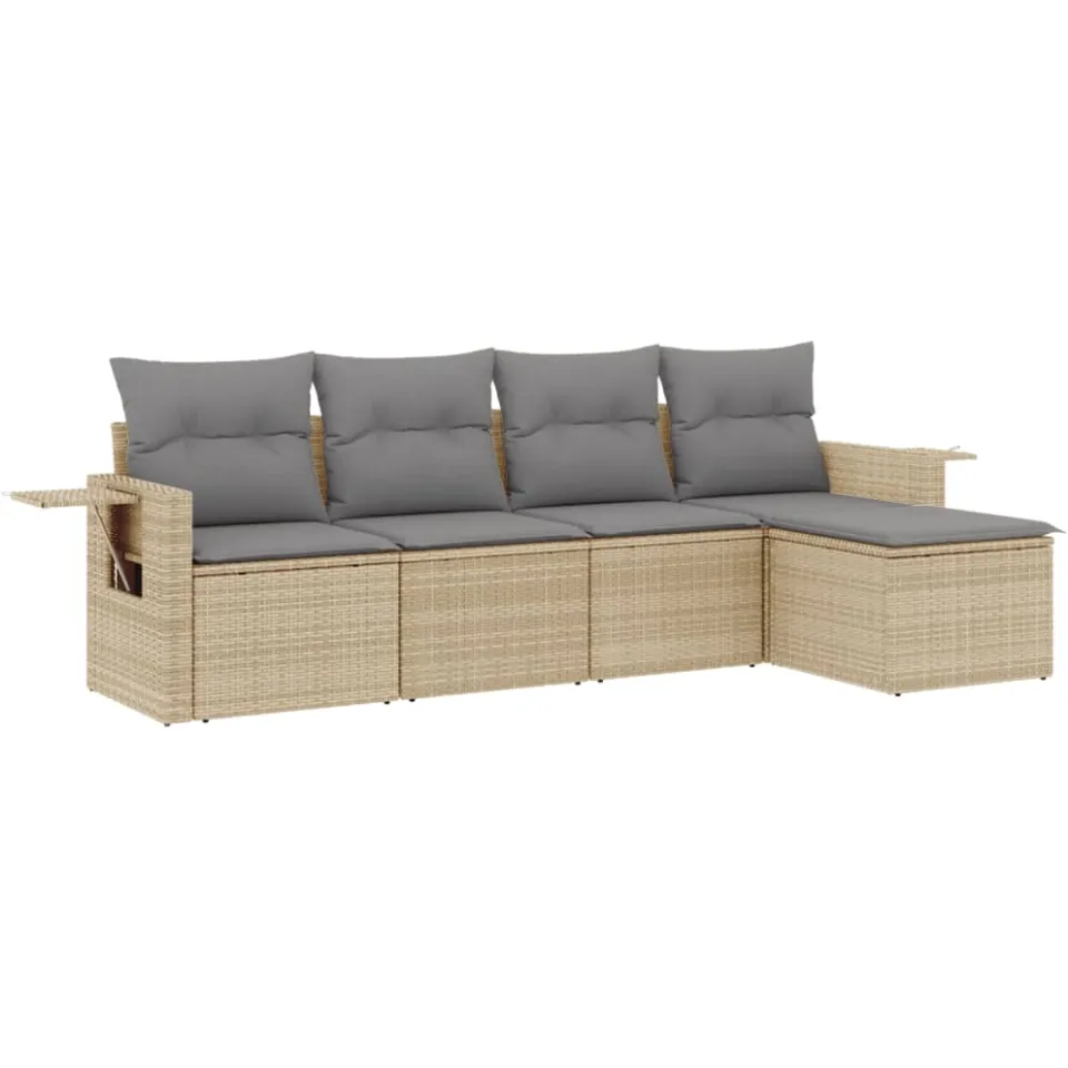 vidaXL 5-delige Loungeset met kussens poly rattan beige, foto 3