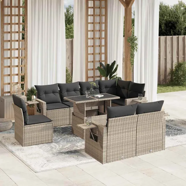 vidaXL 9-delige Loungeset met kussens poly rattan lichtgrijs grijs, foto 2