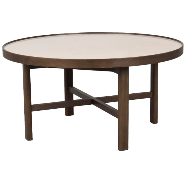 Rowico Home Marsden ronde houten salontafel bruin met beige keramieken tafelblad - Ø 90 cm