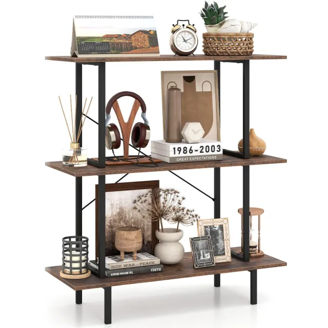 Costway Boekenkast met 3 Planken, 80 x 30 x 86 cm | Opbergrek op Poten, Stevig Metalen Frame, Industriële Boekenplank voor Woonkamer, Slaapkamer, Kantoor Rustiek Bruin & Zwart