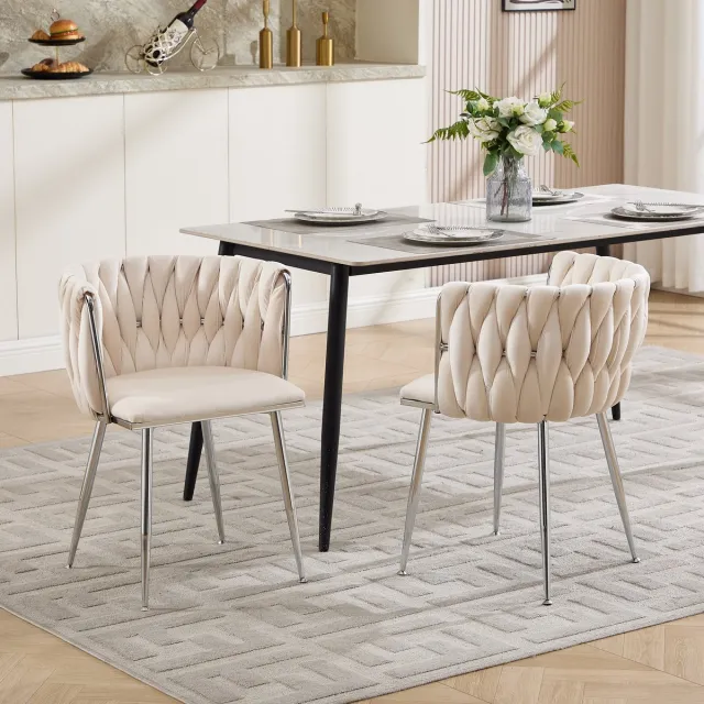Welltin Eetkamerstoel Velvet - Set van 2 - Moderne armstoel - Stoffen voor woonkamer en eetkamer - Keukenstoel - zilveren poten - Comfortabele stoel - Ivoor