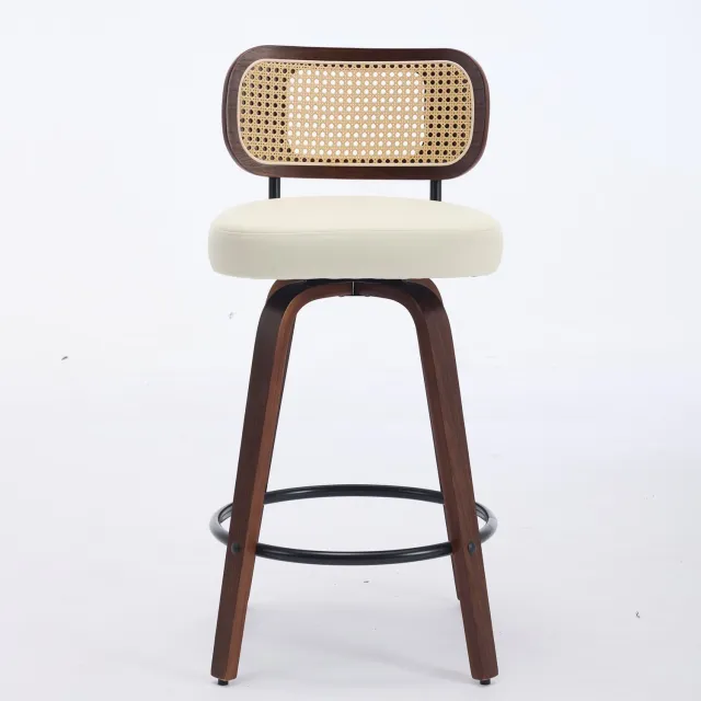 SONNENH Barkrukken set van 2 - Beige kunstleren zitting en rotan rug - Houten poten - Draaibaar Beige met walnootkleurig hout