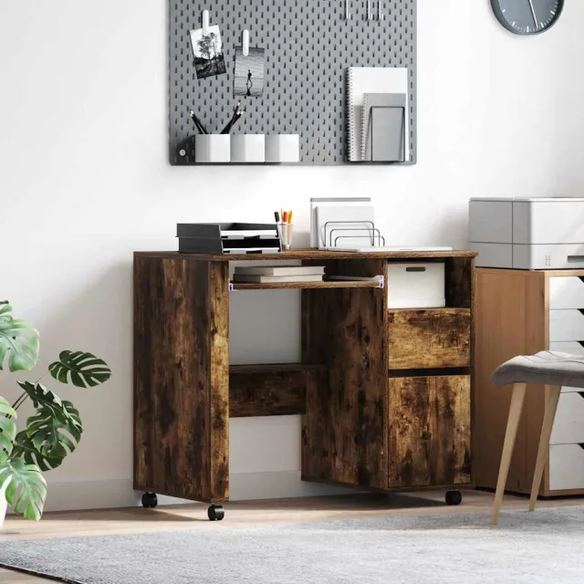 vidaXL Bureau met Wielen Gerookt eiken 91 x 50 x 77 cm Bewerkt hout