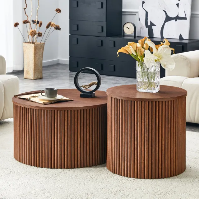 REDOM Salontafel set - 2-delig nestbaar ontwerp - Verborgen opbergruimte - Ronde tafel - Woonkamer en slaapkamer - MDF - Walnoot - 65 x 65 x 50 cm