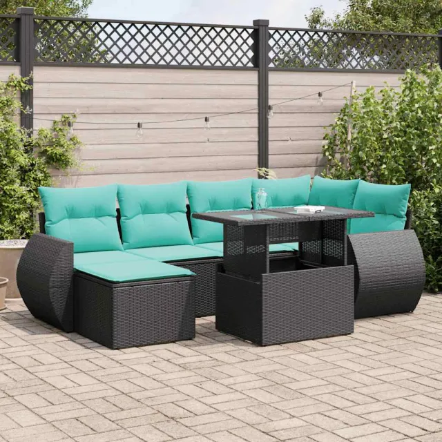 vidaXL 7-delige Loungeset met kussens poly rattan acacia zwart, foto 2