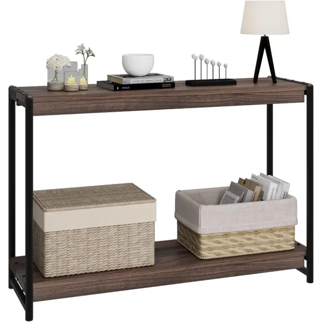 HOERFURIY Smal Sidetable - Consoletafel met 2 Niveaus - Industrieel & Landelijk Design - Haltafel - 100 x 35 x 80 cm - Donker Walnoot & Zwart Metaal Walnotenhout
