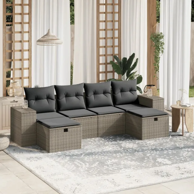 vidaXL 6-delige Loungeset met kussens poly rattan lichtgrijs grijs, foto 2