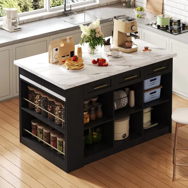 COVREO Keukeneiland 150 x 90 x 90 cm zwart wit MDF, uitschuifbare tafel