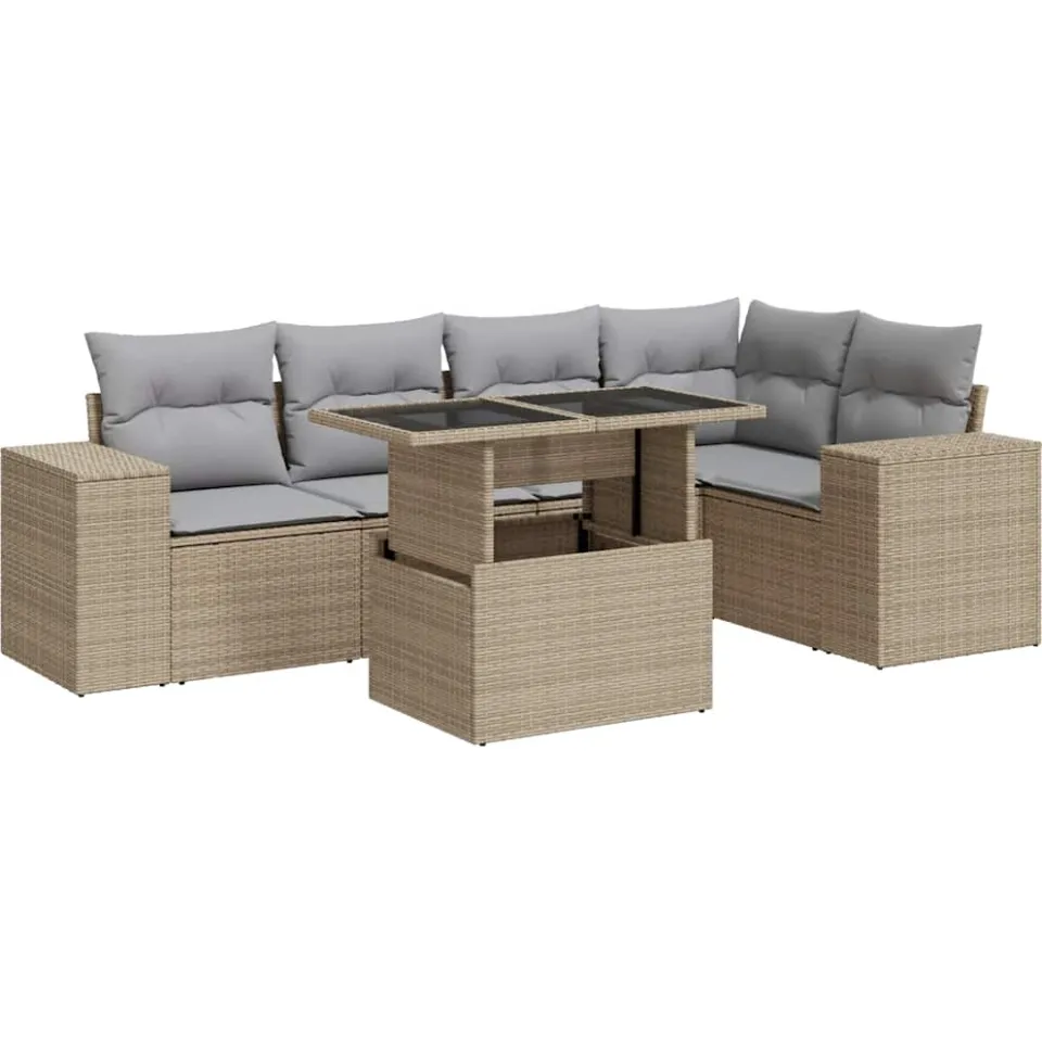 vidaXL 6-delige Loungeset met kussens poly rattan beige, foto 3