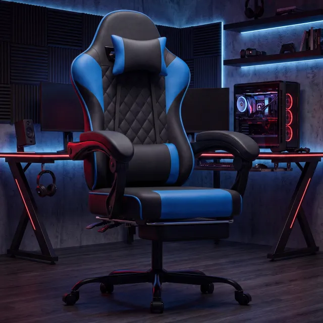 STILVORA Gamingstoel 120,5 cm - Verstelbare Hoofdsteun en Rugleuning - Met Voetensteun - Voor Kantoor en Speelkamer - PVC - Zwart en Blauw