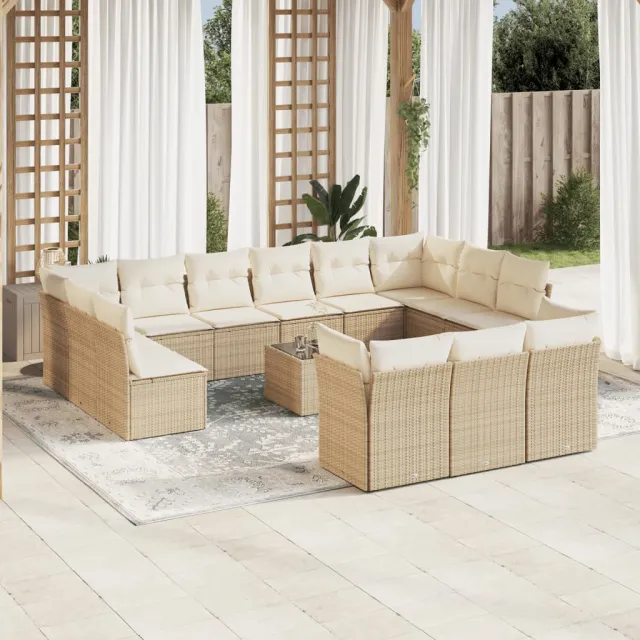 vidaXL 14-delige Loungeset met kussens poly rattan beige, foto 2
