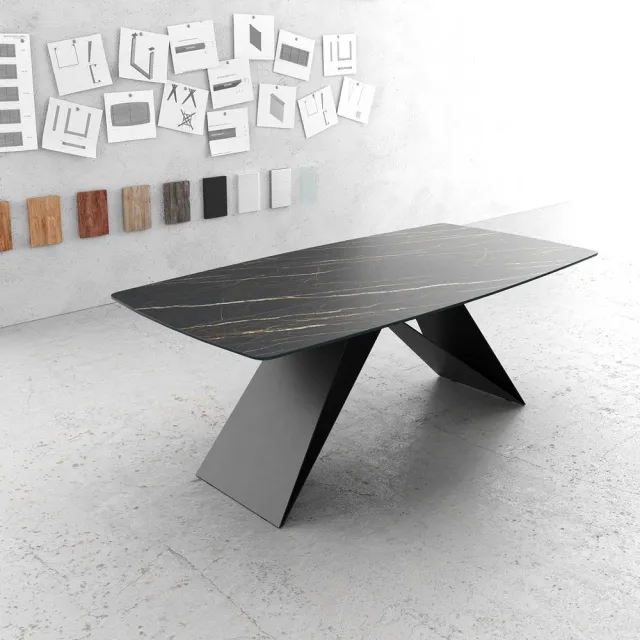 DELIFE Eettafel Edge bootsvorm 200x100cm Laminam® keramiek bruin V-middenvoet zwart