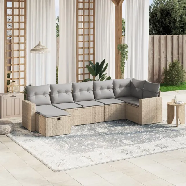 vidaXL 7-delige Loungeset met kussens poly rattan gemengd beige, foto 2