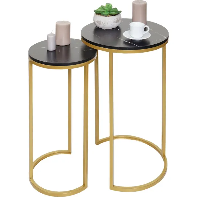 Cosmo Casa 2 Bijzettafels - Marmerlook - Zwart/Goud - 64x40x40 cm/59x30x30 cm