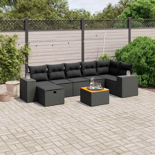 vidaXL 8-delige Loungeset met kussens poly rattan zwart, foto 2