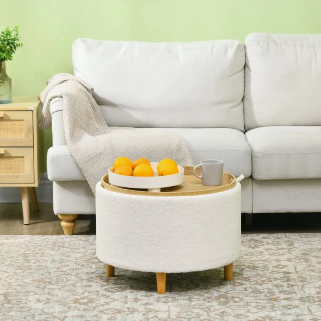OKWISH Poef Met Opbergruimte - Rond Ø56 x 42 cm - Polyester en Hout - Wit - Met Klapdeksel Voor Woonkamer, Slaapkamer of Hal