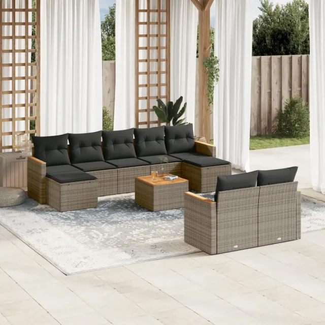 vidaXL 10-delige Loungeset met kussens poly rattan grijs, foto 2
