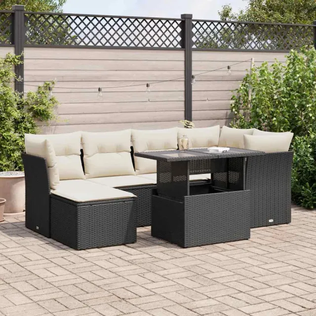 vidaXL 7-delige Loungeset met kussens poly rattan zwart, foto 2