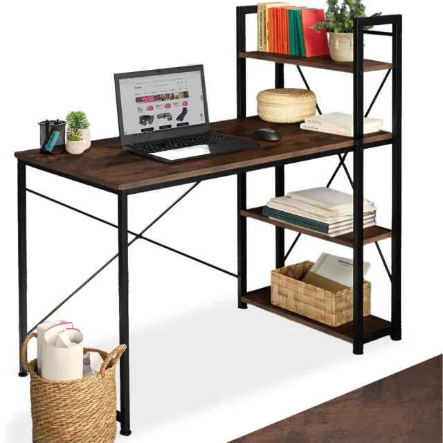 Tectake Bureau met kast - Computerbureau met 3 planken - Bureautafel van hout en metaal - Industrieel design - Zwart metalen frame - Afmetingen (LxBxH) 122 x 61 x 120 cm - Donkerbruin