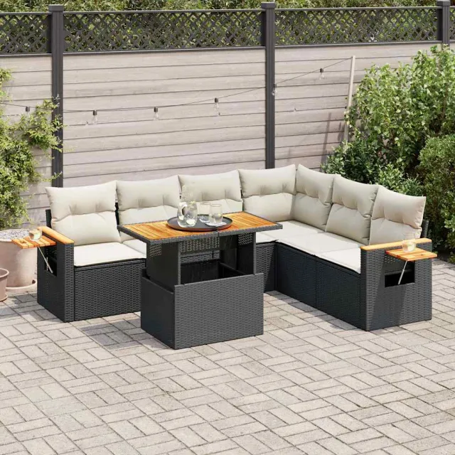 vidaXL 7-delige Loungeset met kussens poly rattan acacia zwart, foto 2