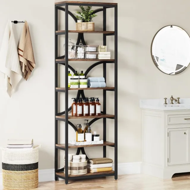 Tribesigns Boekenkast met 6 Planken - industriële vrijstaande plank - Industrieel - Bruin - voor woonkamer, thuiskantoor - 60 x 30 x 200 cm
